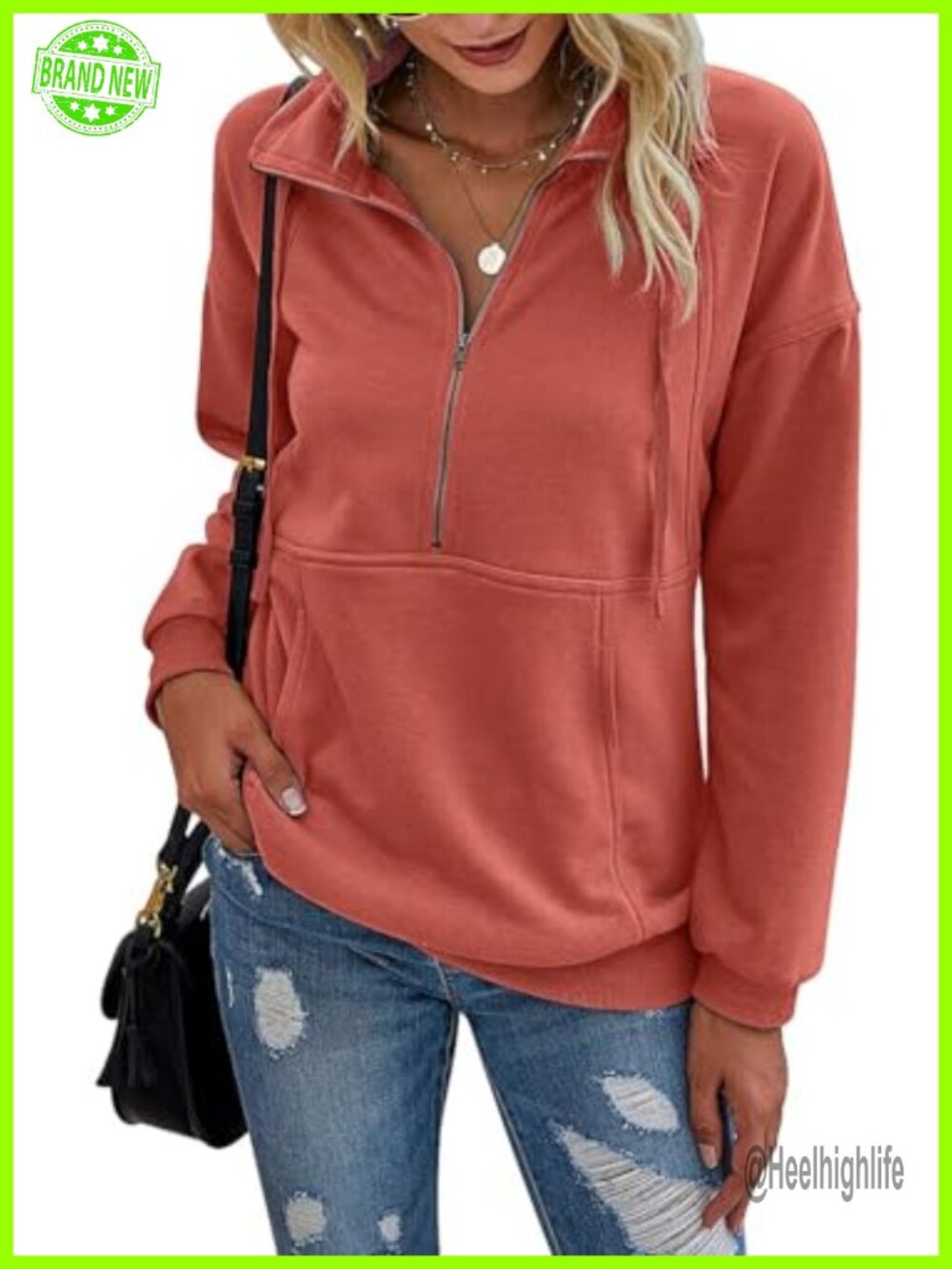 Half Zip Pullover Sweatshirt Long Sleeve Pocket Loose Fit Casual